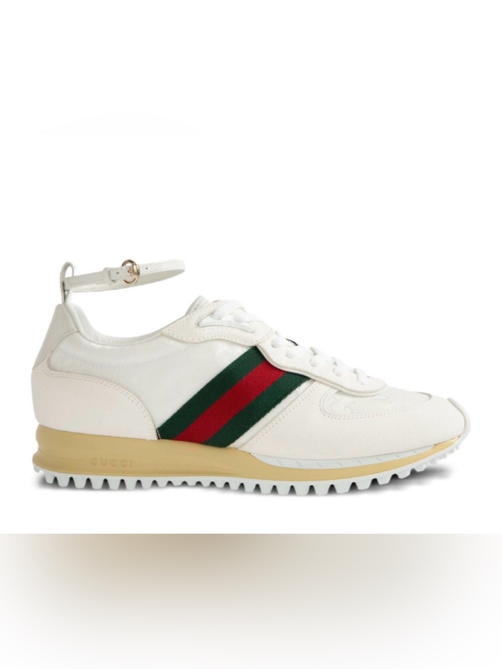 Gucci White Leather Women's Sneaker with Green & Red Stripe and Ankle Strap